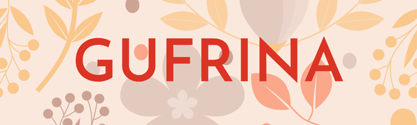 Gufrina logo over soft pastel floral background for red dress collection
