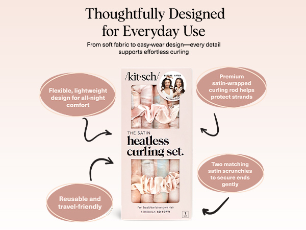 Kitsch Satin Heatless Curling Set eatless Hair Curler for Wome In Satin Scrunchies Sunset