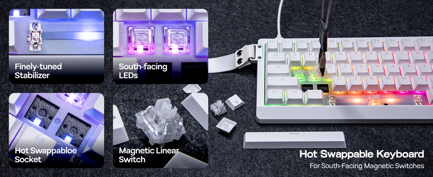 Text reads 'Hot Swappable Keys'. Collage of keyboard or typing-related interface elements shown across a dark background with blue lighting accents.
