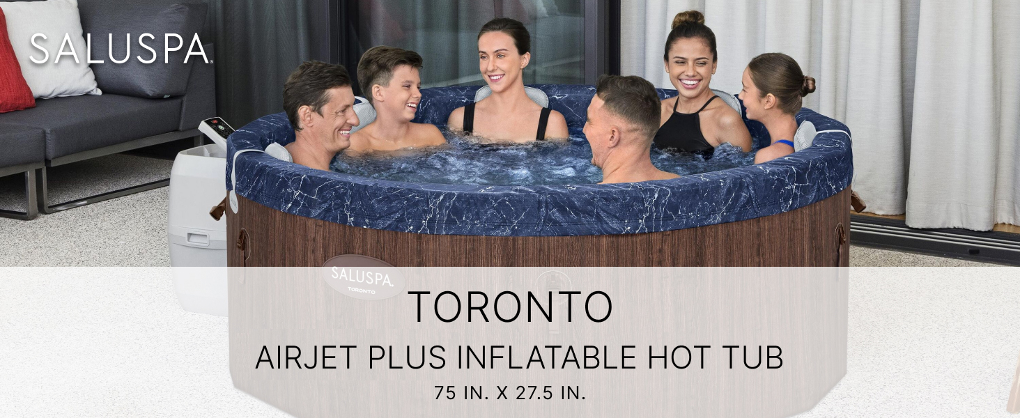 Six people enjoying the Toronto AirJet Plus hot tub on a patio, with a wood-like exterior finish.