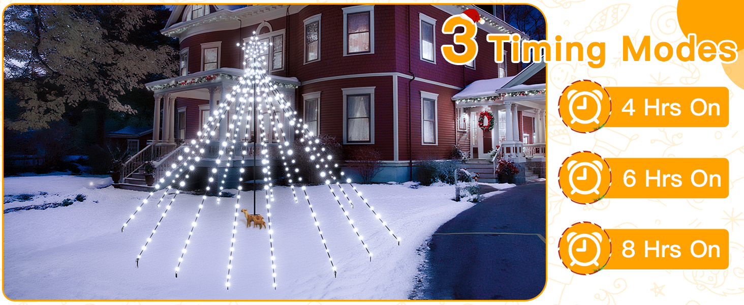 Text: 'Timing Modes', '4 Hrs On', '6 Hrs On', '8 Hrs On'. Series of images showing outdoor pathway lights illuminated in snow, demonstrating different timer settings.