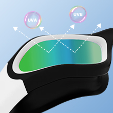 Diagrama técnico estilizado que muestra una pantalla con degradado de color dentro de gafas o gafas de seguridad negras,