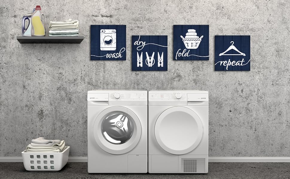 HOMEOART Laundry Room Decor Blue Pictures Wash Dry Fold