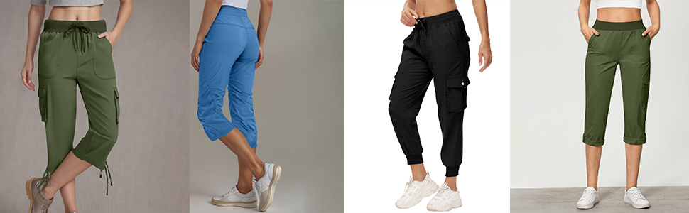 de quatre pantalons pour femmes : un capris vert olive, un pantalon de jogging bleu jusqu'aux genoux, un pantalon de jogging cargo noir et un pantalon à revers vert olive. Différents styles présentent des poches, des cordons de serrage et des coupes décontractées