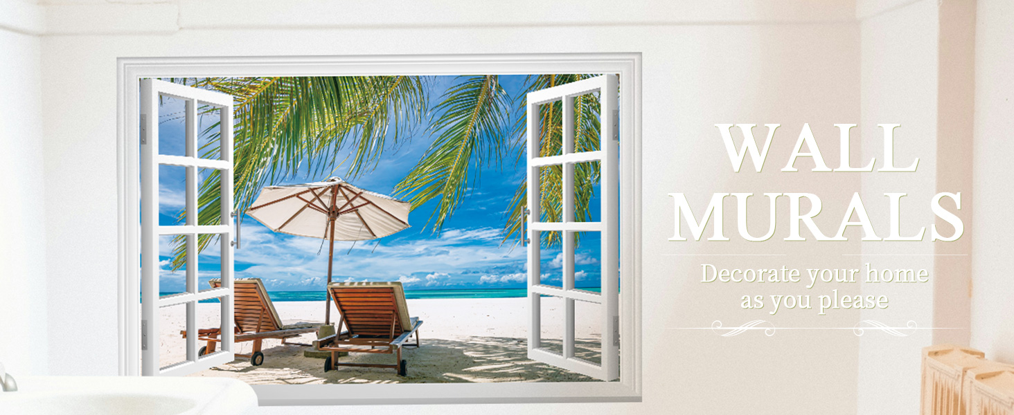 FLFK Fake Window Wall Decal Ocean Beach Faux Window Wall