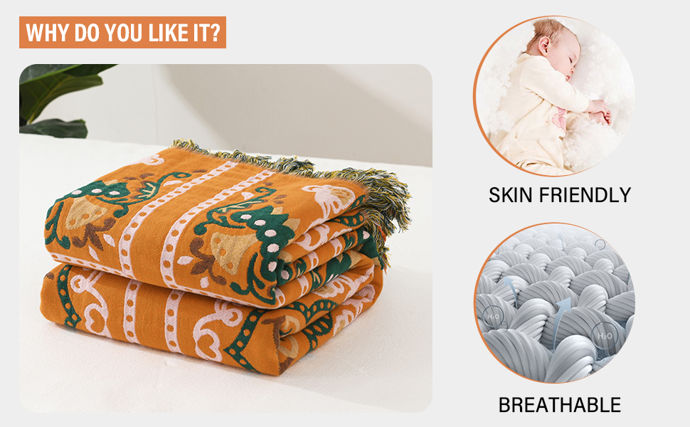 SahSahCasa 100 Cotton Throw Blanket, Orange Muslin Boho