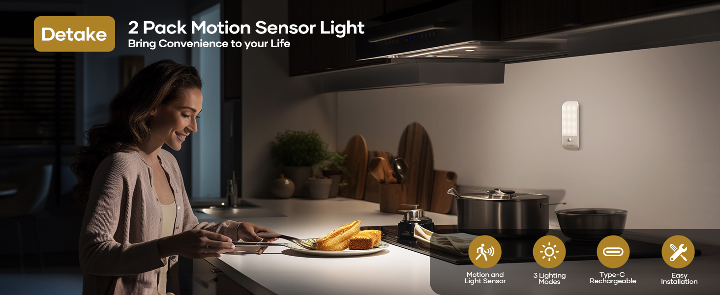 Motion Sensor Lights Indoor, 2 Pack Rechargeable LED Night Light with 3 Modes (AUTO/ON/Off), Stick-On Cupboard Light with Magnetic Strips for Wardrobe, Bedroom, Stair, Cabinet, Kitchen, Hallway 9 Motion Sensor Lights