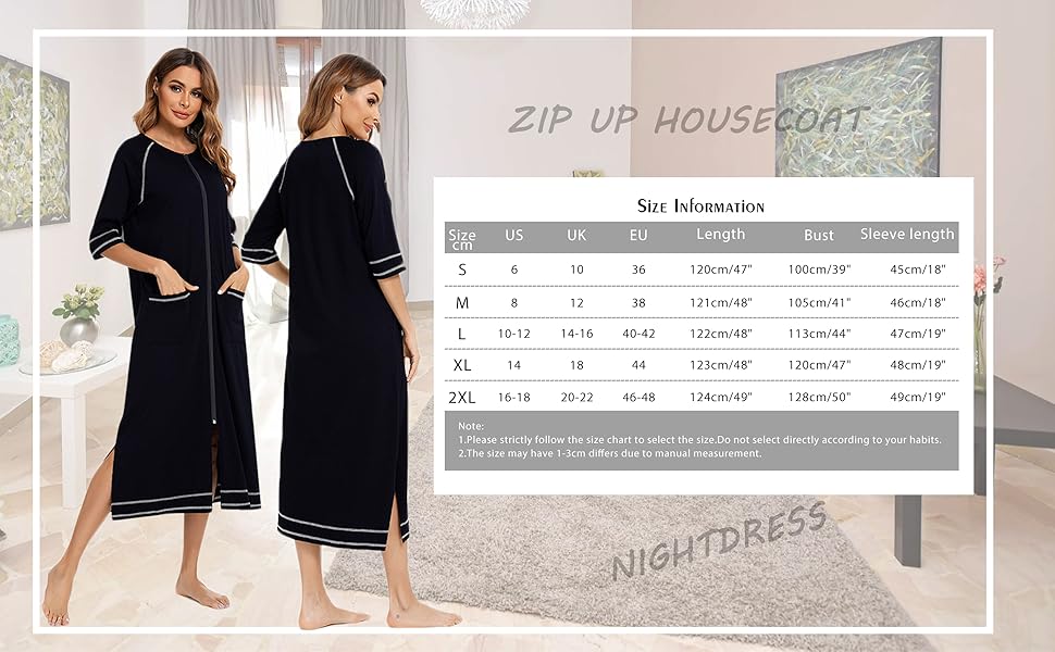 Balems Womens Zipper Robe 3/4 Sleeve Housecoat Zip Up Dressing Gowns