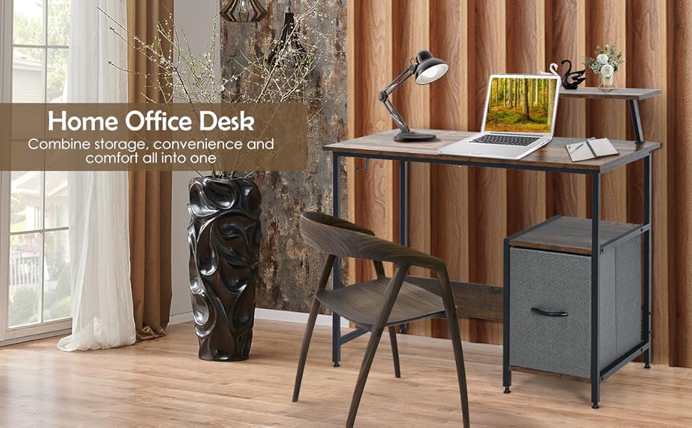 COSTWAY Computer Desk With Side Storage Drawer, Movable Monitor Stand And Hook, Industrial PC Laptop Table Writing Workstation, Home Office Bedroom Work Study Desk 11 1