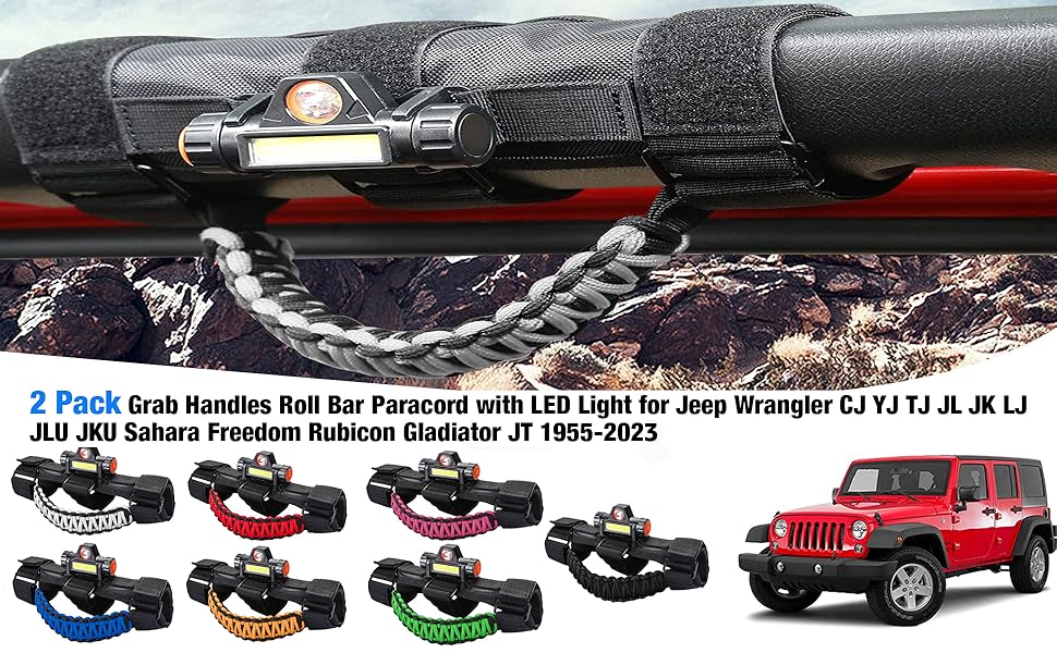 2 Pack Grab Handles Roller Bar Paracord Grips with LED Dome Light for Jeep GWangler YJ TJ JK JL