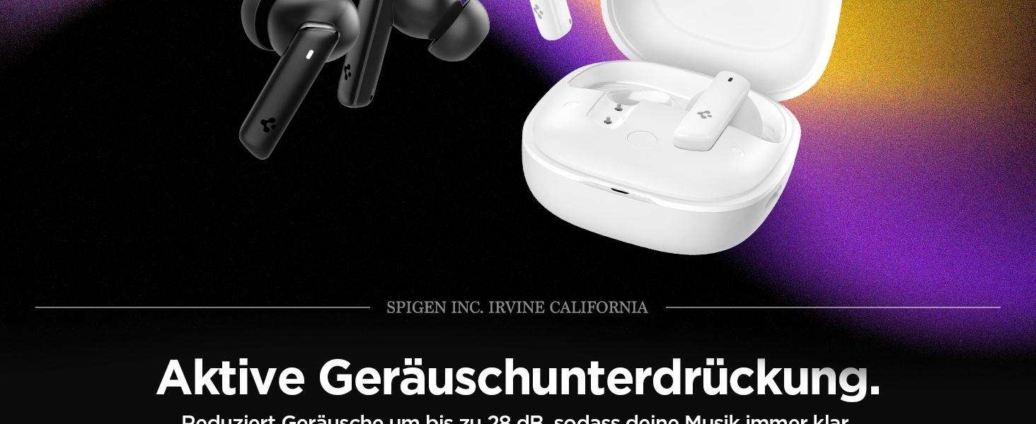 Der Text lautet "Aktive Geräuschunterdrückung". Weiße kabellose Ohrhörer im Ladeetui vor violettem und schwarzem Hintergrund mit Farbverlauf.