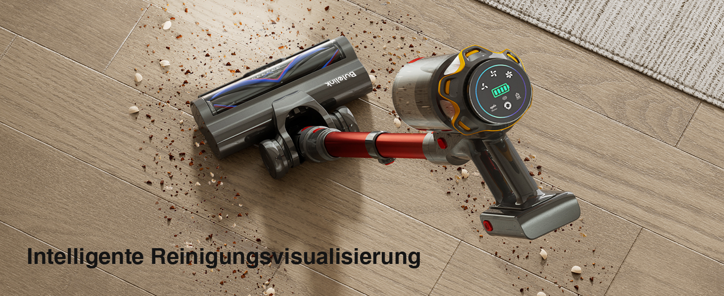 Der Text lautet „Intelligente Reinigungsvisualisierung“. Nahaufnahmen eines Roboterstaubsaugers mit Sensoren und Visualisierungsoberfläche auf einem Hartholzboden.