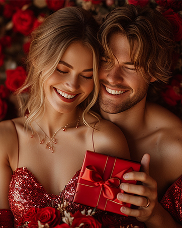 Serie romantischer Urlaubsfotos, die ein Paar mit Geschenkverpackung zeigen, mit roter festlicher Kleidung und warmer Beleuchtung.