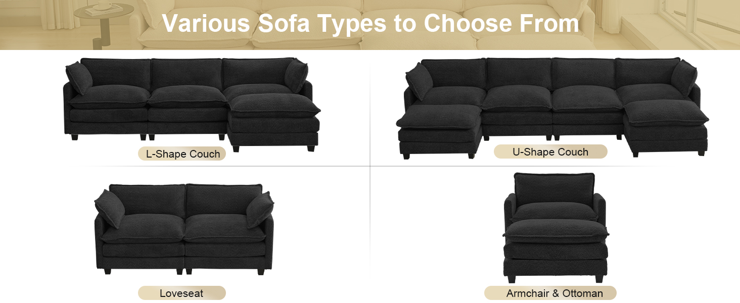 sofa couch modular sectional oversized chenille cloud black living room removable armrests