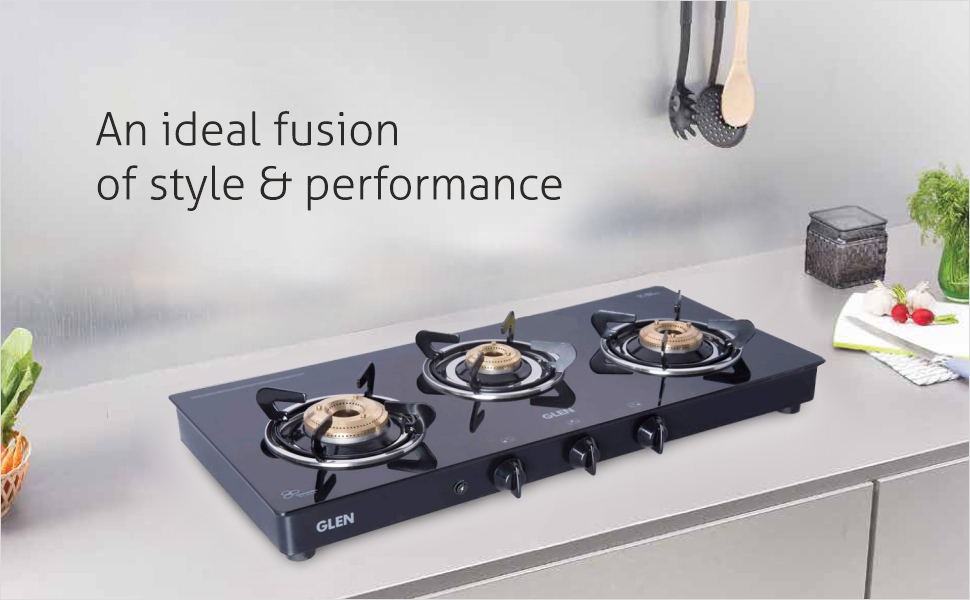 Glen 3 Burner Toughened Glass Top LPG Gas Stoves Extra Large High Flame Brass Burners