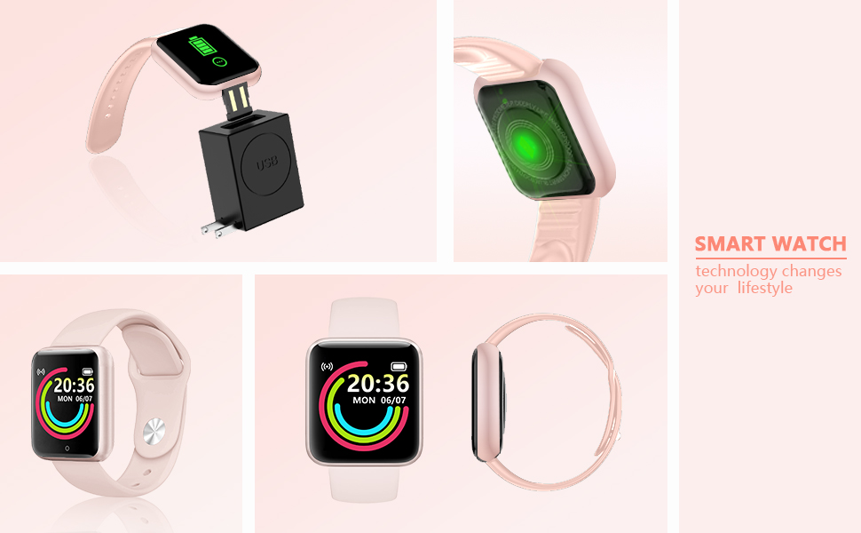 Smartwatch with pink band shown in multiple views. Display features colorful fitness tracking interface. Includes charging dock with green battery indicator.