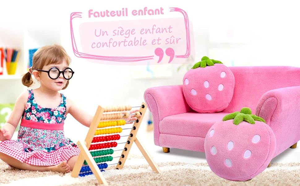 RELAX4LIFE Canapé Enfant 2 Places Avec Rembourrage En Éponge, Surface Peluche De Corail, Fauteuil Sofa Avec 2 Oreillers En Forme De Fraise Pour 3-7 Ans, 90X53X48 CM, Rose/Bleu (Rose) 13 banner