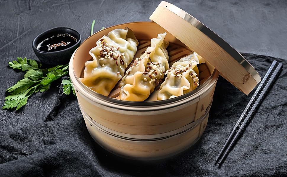 KYONANO Bamboo Steamer, 2 Tier Bamboo Steamer 24cm/9.45Inch with Lid