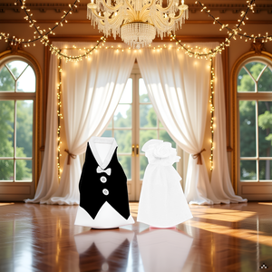 A table set for a wedding reception with wine bottles dressed as a bride and groom.