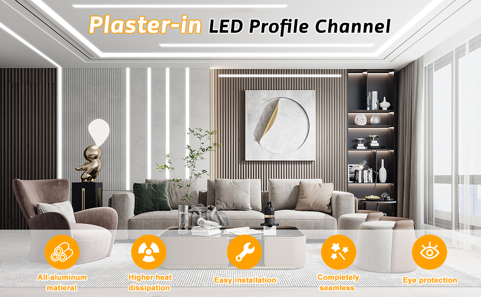 Modern living room featuring LED profile channel lighting system with multiple benefits icons including aluminum material and easy installation features.