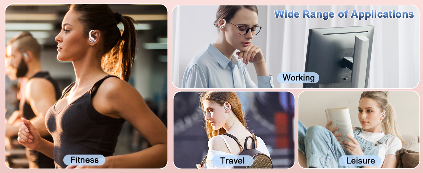 Collage of images showing various applications including fitness, working, travel, and leisure activities. People are shown exercising, using laptops, and relaxing.