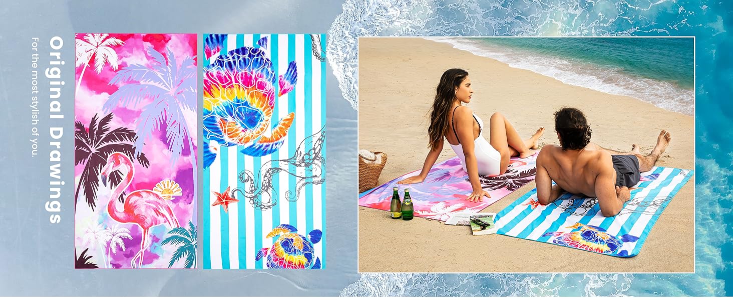 Colorful beach towels with tropical and striped designs, shown folded and in use on a sandy beach by two people.
