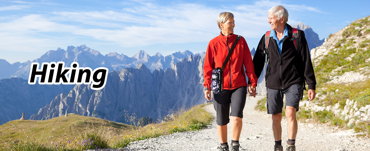 Text reads 'hiking'. Scenic mountain landscape photos showing people walking on trails against backdrop of dramatic alpine peaks and meadows.
