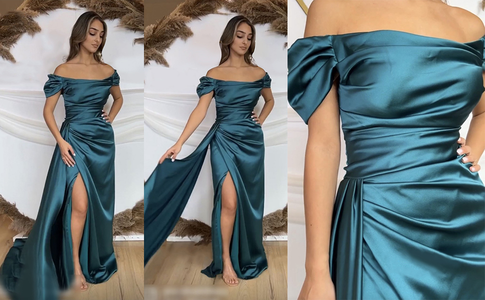 Vestidos de dama de honor de satén con hombros descubiertos y abertura