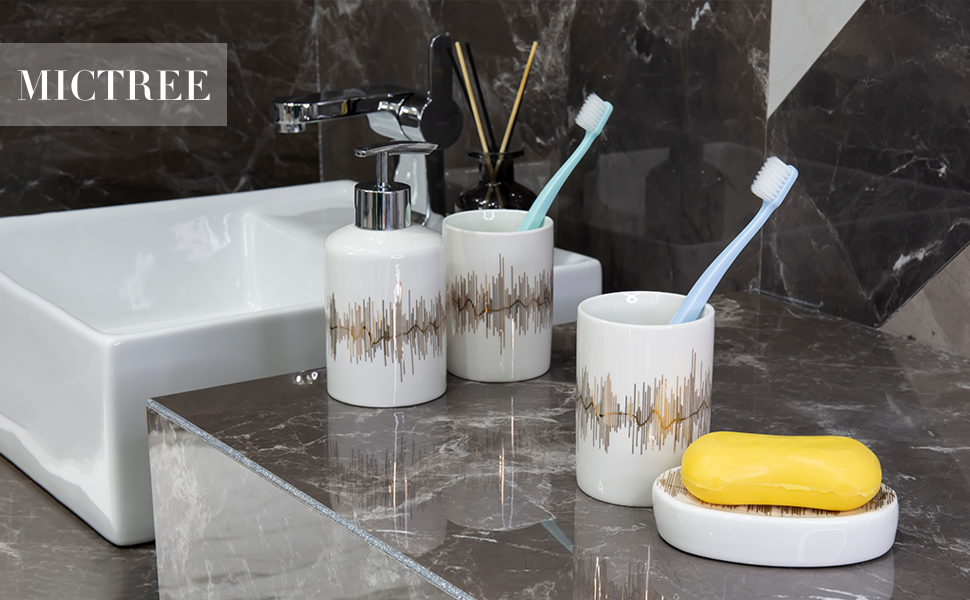 Set Accessori Bagno MSV 3 Pezzi Ceramica - Dispenser Sapone, Portasapone, Bicchiere, Colore Beige