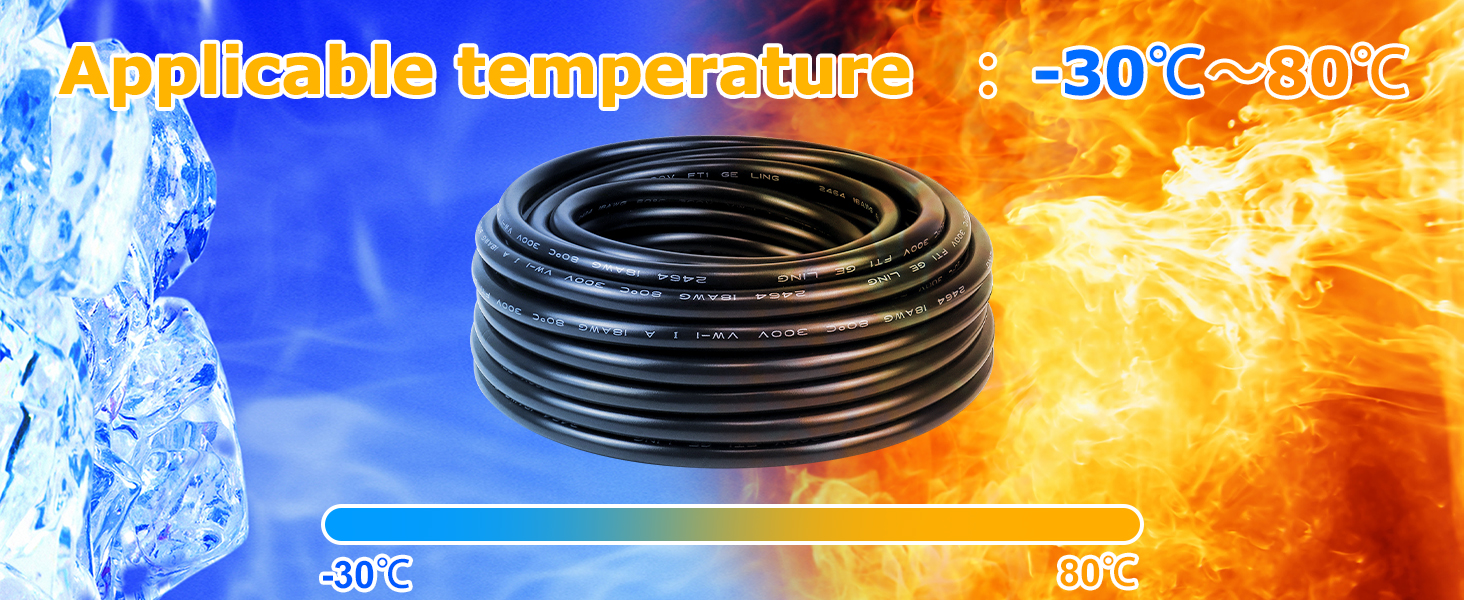Black coiled hose or cable with temperature range -30°C to 80°C displayed against blue ice and orange flame background.