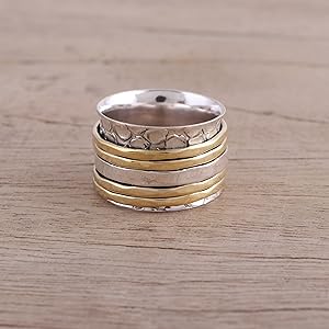 Novica Handmade Silver Ring Fingerband Stone Placa Hecha a mano Brass Meditation Spinner Rotation