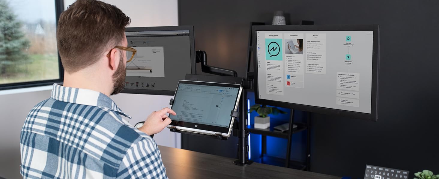 Fits 2 computer monitors and 1 laptop all on the same stand for both space and work efficiency