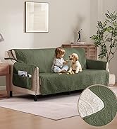 Pamhaven Quilted Olive Green Sofa Slipcovers with Pockets, Anti-Slip Medallion Couch Covers for 3...