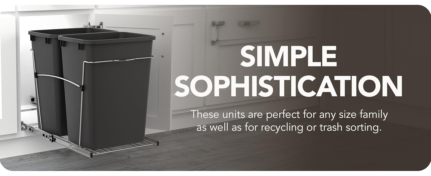 Smooth pullout operation with secure wire crossbar. Text Reads: Simple Sophistication.