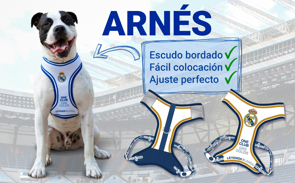 Real Madrid Dog Harness Size S Official Design Embroidered Shield and Secure Fit – Real Madrid Dog Harness – Resistant and Comfortable Accessory for Medium Dogs Total Control and Meringue Style Every 13 El texto dice «ARNES», «Escudo bordado», «Fácil colocación», «Ajuste perfecto». Demostración del arnés para perros que muestra un arnés azul y blanco colocado en un perro desde varios ángulos.