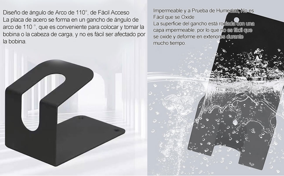 Imagen dividida de un soporte negro para portátil. A la izquierda se muestra el soporte que sostiene una computadora portátil. La derecha muestra la configuración plegada del soporte. El texto en español describe las características del producto.