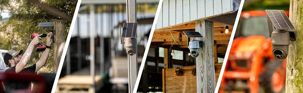 Tactacam Defend 360 security camera shown monitoring a rural farm property and open landscape.