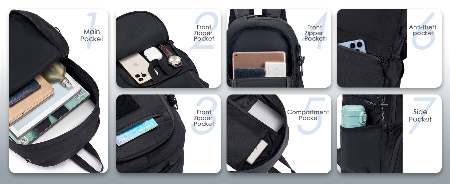 Plusieurs panneaux présentant les différents compartiments et caractéristiques d'un sac à dos noir, notamment une pochette pour ordinateur portable, un porte-bouteille d'eau et des poches de rangement