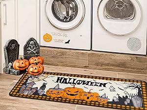 Halloweeen Buffalo Plaid Pumpkin Kitchen Rugs Set of 2