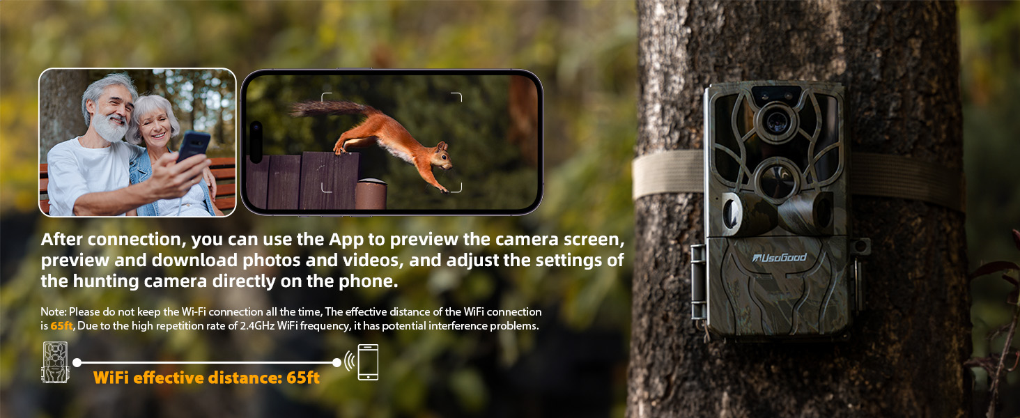 Outdoor trail camera mounted on tree trunk, with inset screens showing app interface and wildlife capture. Text describes remote monitoring capabilities.