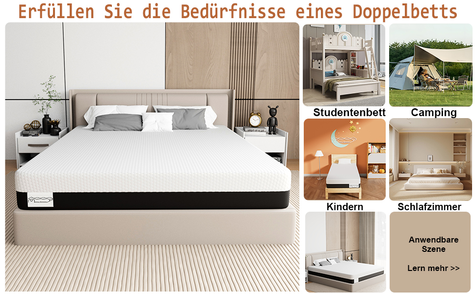 Composite of bed images showing versatile mattress use. Main image: large white mattress on platform bed. Smaller images showcase use in student rooms, camping, children's beds, and bedrooms.