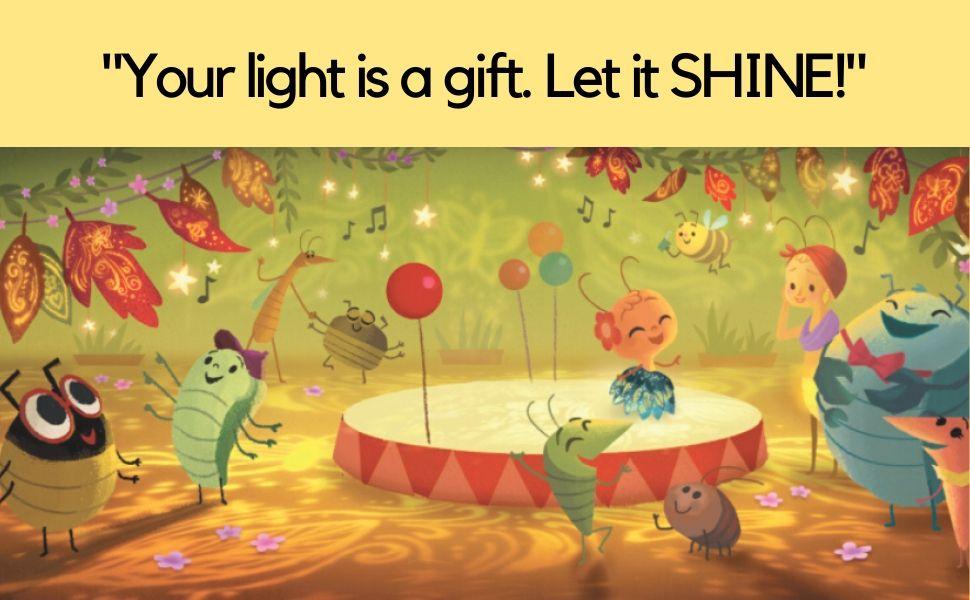 Several cute little bugs dance and sing while a Firefly shines her light. 