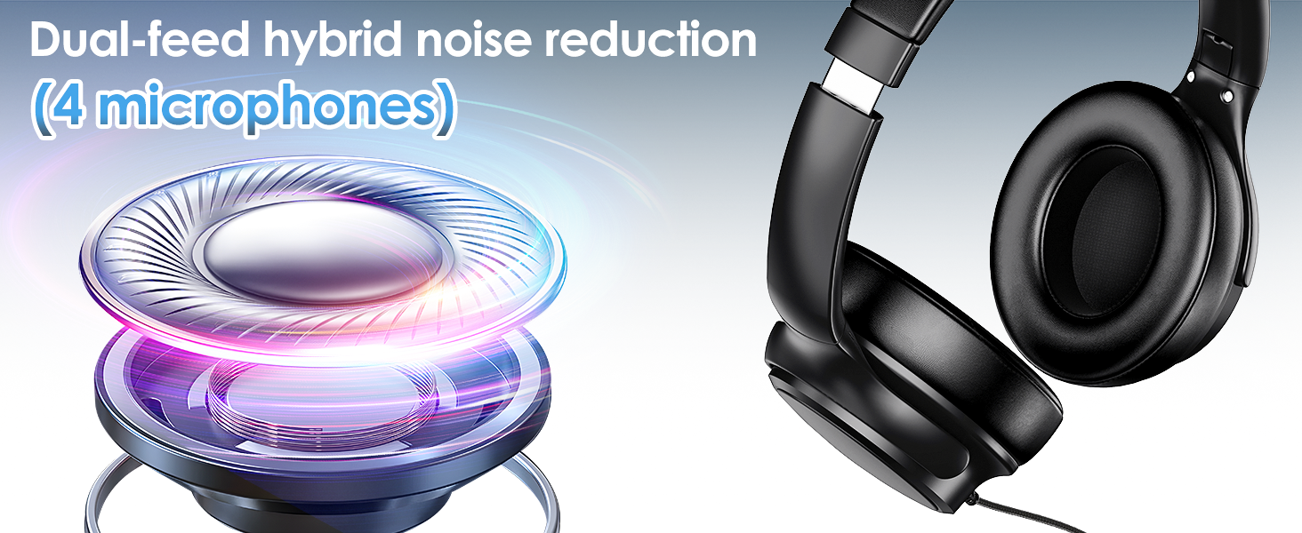 Dual-feed hybrid noise reduction technology diagram showing glowing purple circular device next to over-ear headphones with four microphones.