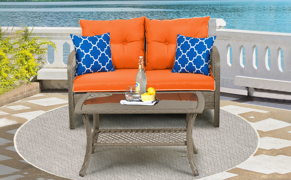Auzfy Wicker Outdoor Patio Loveseat Chair with Table, 2