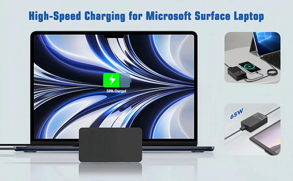 High-speed charging device for Microsoft Surface laptop shown with multiple views of connection and charging capabilities, featuring sleek design.