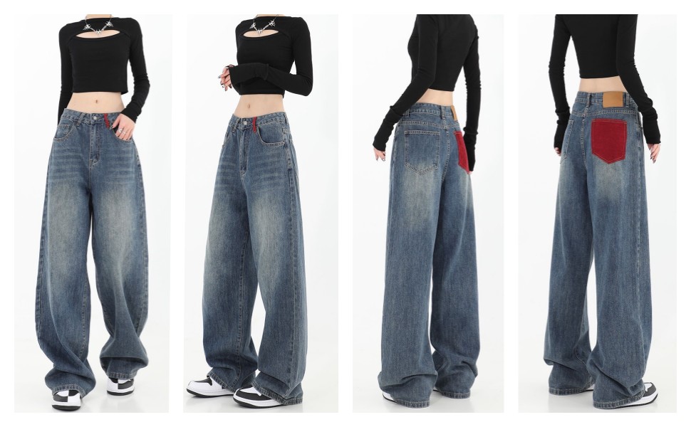 Women high waisted wide leg denim pants