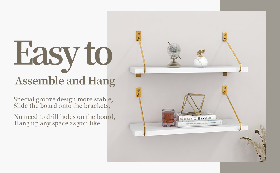 Gronda White Floating Shelves Set of 2, Wall Mounted Shelves with Glod