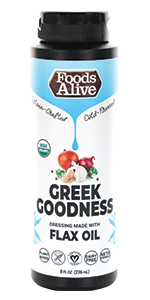 Greek Goodness superfood dressing, organic artisan cold pressed gold flax oil, chia oil