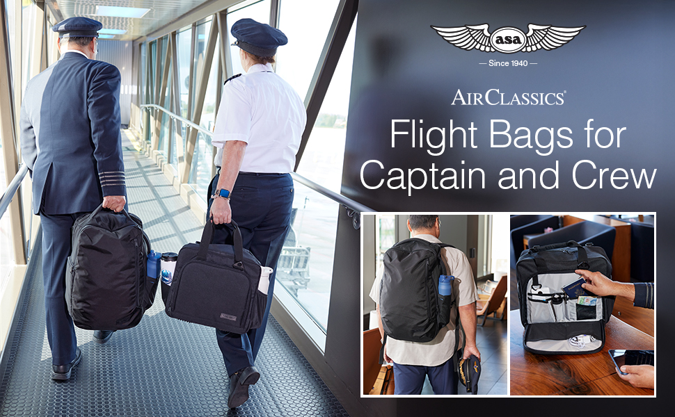 image of two pilots carrying flight bags, and the inside of flight bag advertisement