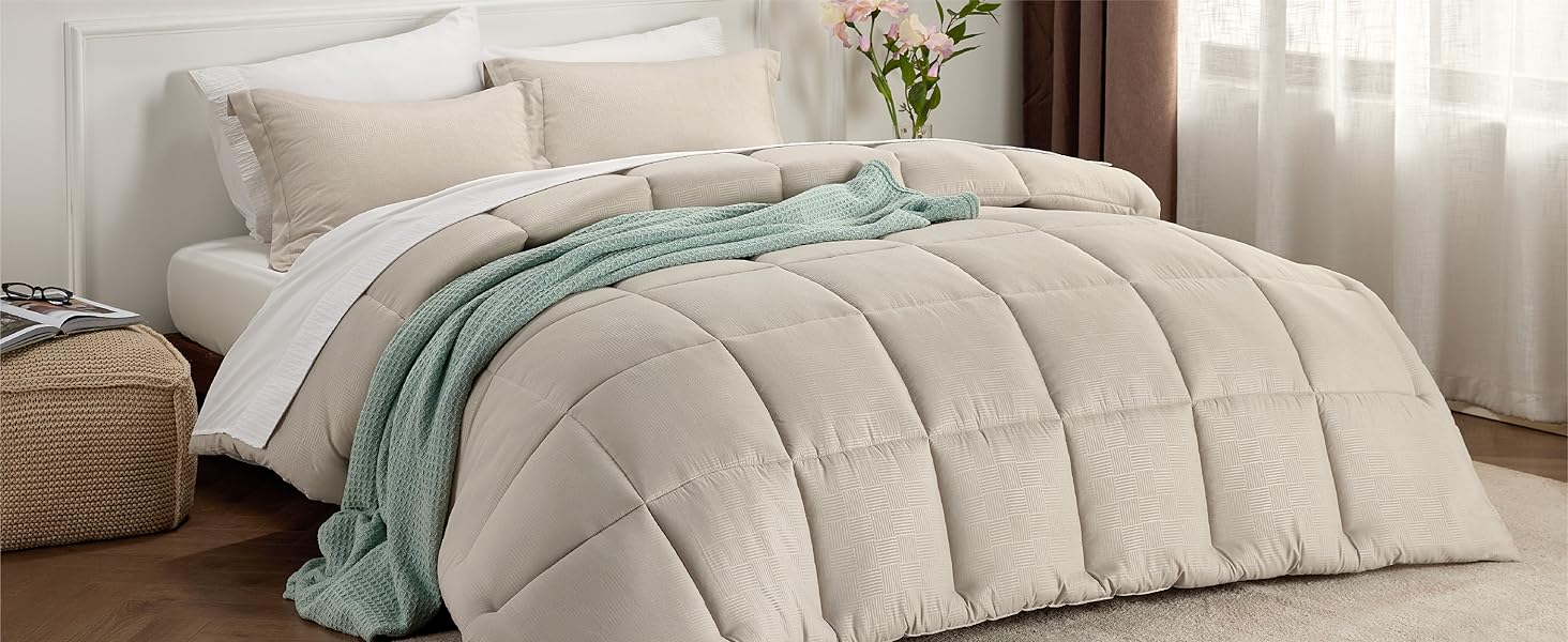 BEDSURE Twin Comforter Sets Sage Green Basket Weave Down